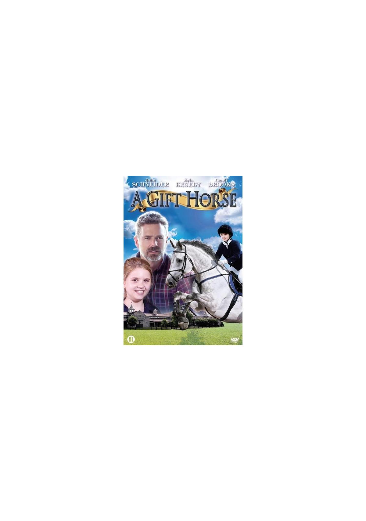 Couverture DVD avec des acteurs et un cheval sautant, titre : A Gift Horse, sur un fond panoramique.