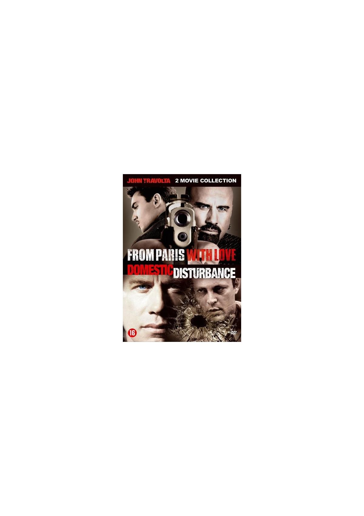 DVD-hoes. From Paris With Love en Domestic Disturbance filmposter. Acteurs en een pistool zijn zichtbaar.