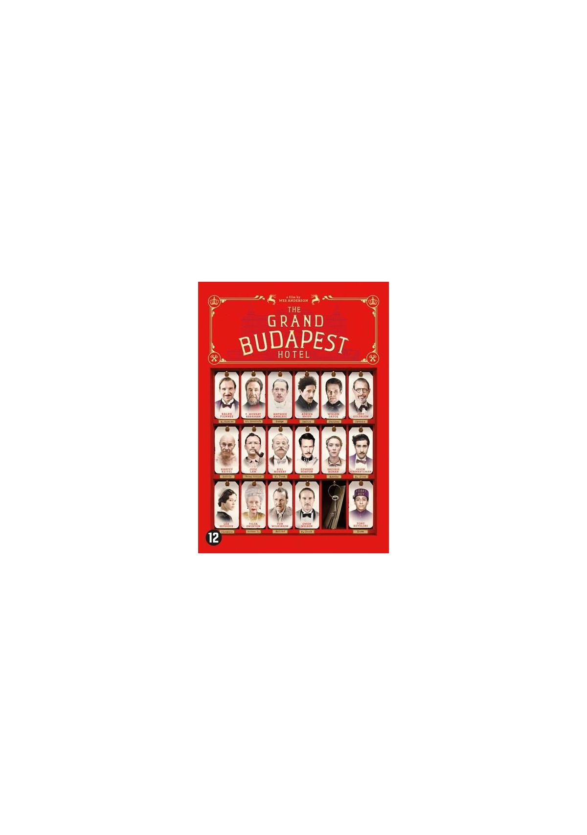Filmposter: The Grand Budapest Hotel. 16 portretten, rode achtergrond en de waardering 12.