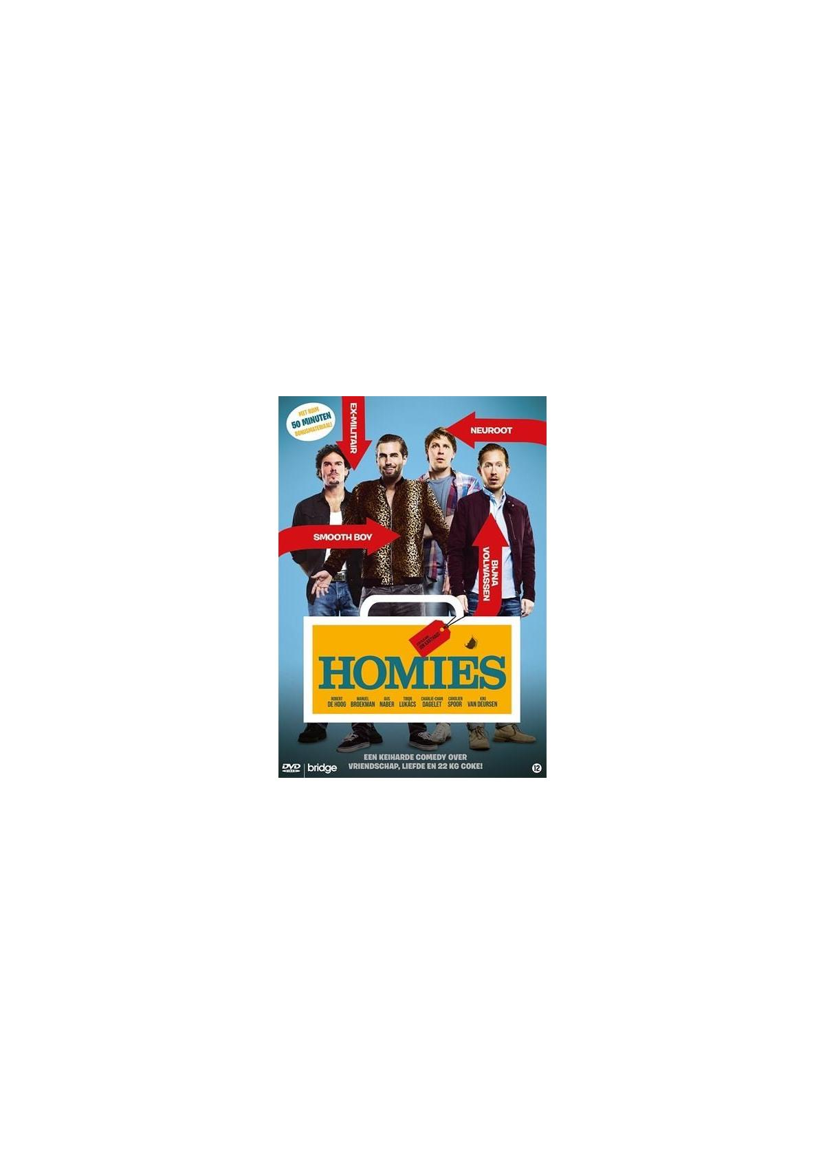 Couverture du DVD Homies. Quatre hommes debout avec une mallette. Le titre est au milieu.