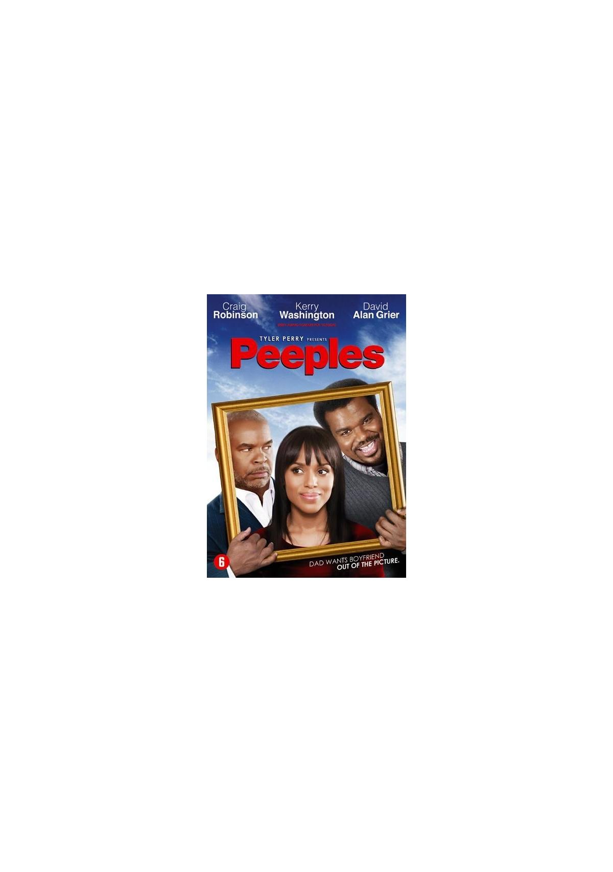 Couverture du DVD. Affiche du film Peeples. Trois personnes tiennent un cadre.