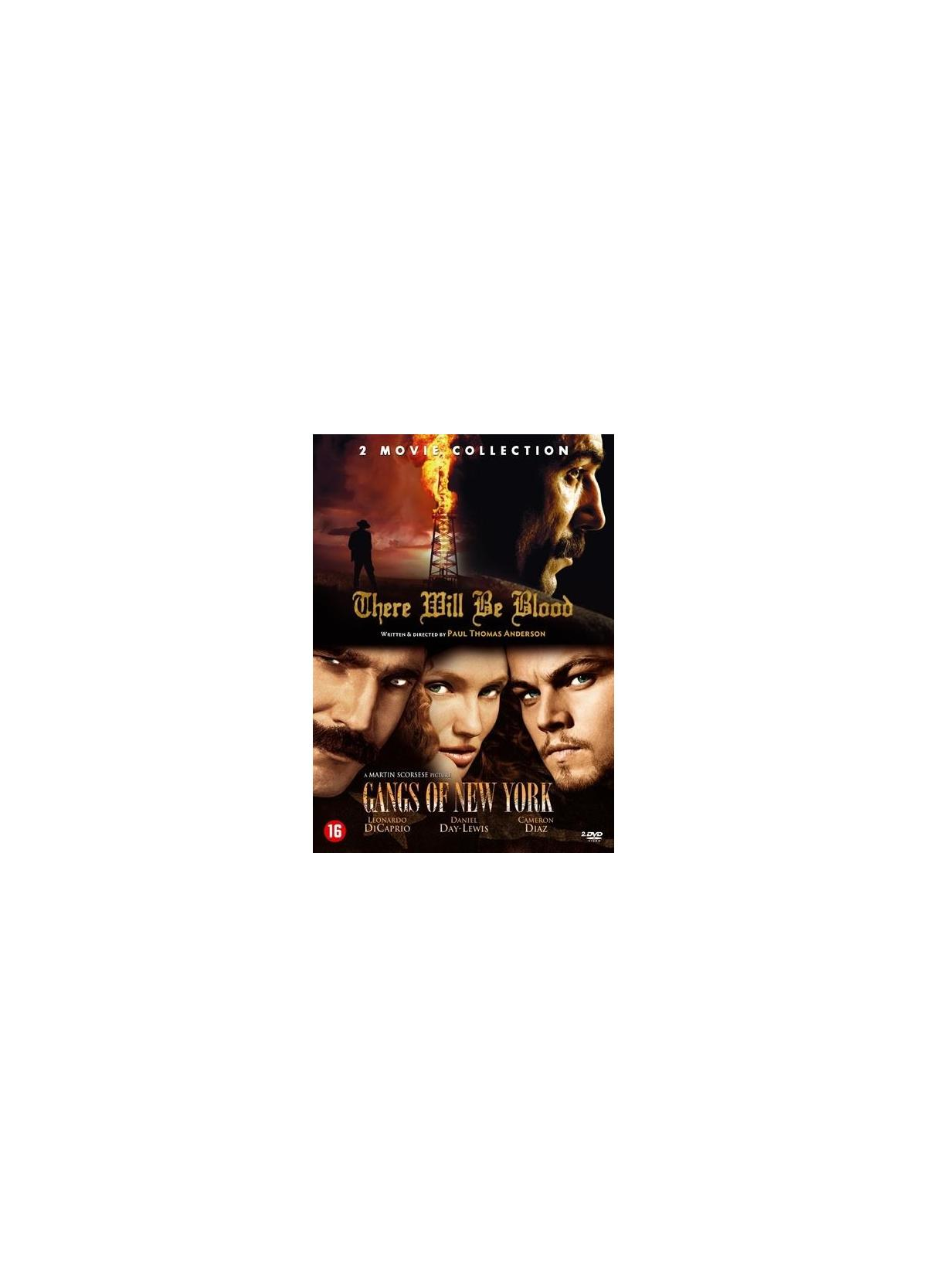 Couverture du DVD There Will Be Blood et Gangs of New York avec des visages d'acteurs.