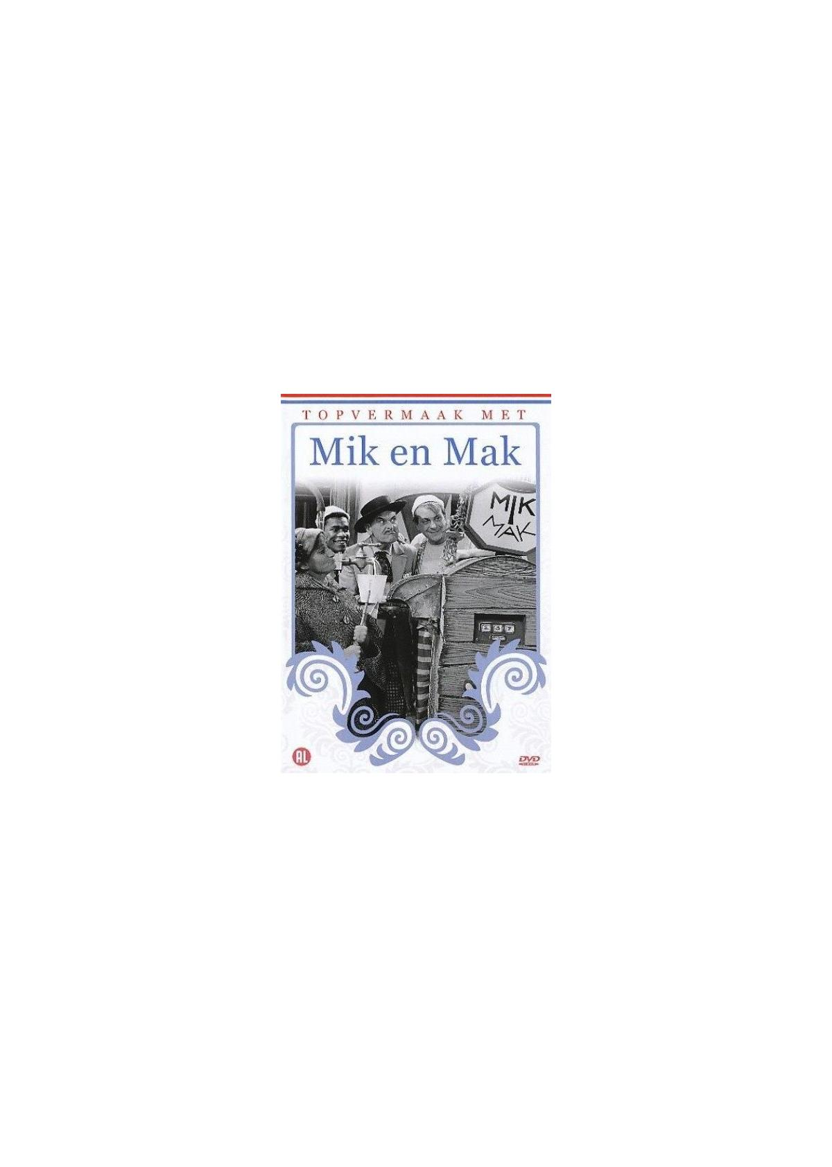 DVD-hoes met een groep mannen, titel: Top Vermak met Mik en Mak, in een cartoonachtige stijl.