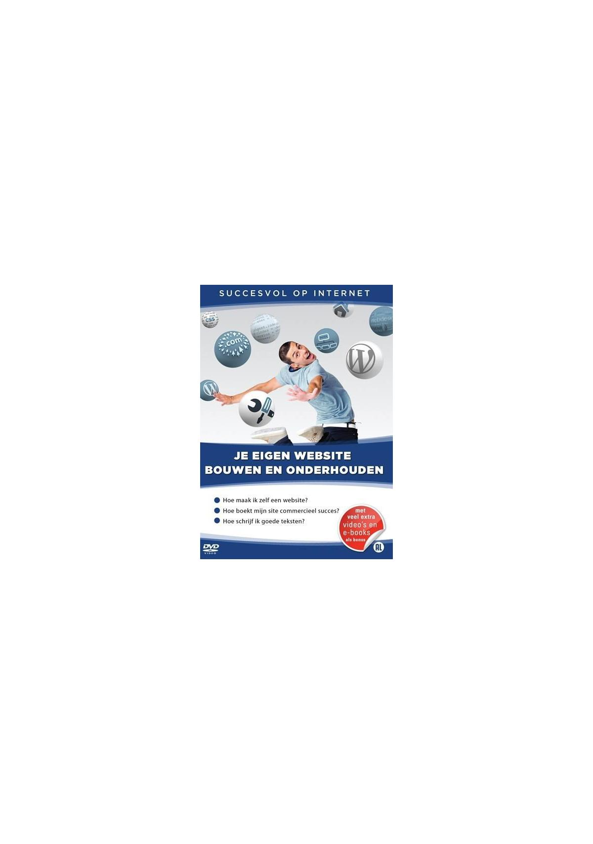 DVD-hoes. Je eigen website bouwen en onderhouden filmposter. Man jongleert met website logo's.