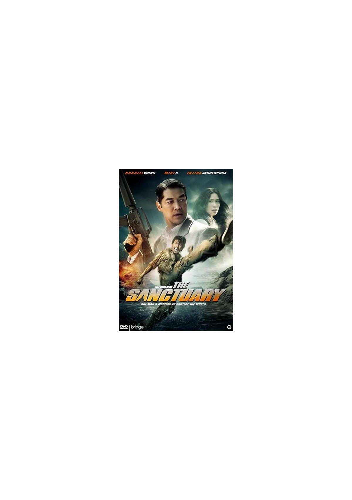 Couverture du film : The Sanctuary, avec un homme avec une arme et deux femmes. Le titre est au milieu.