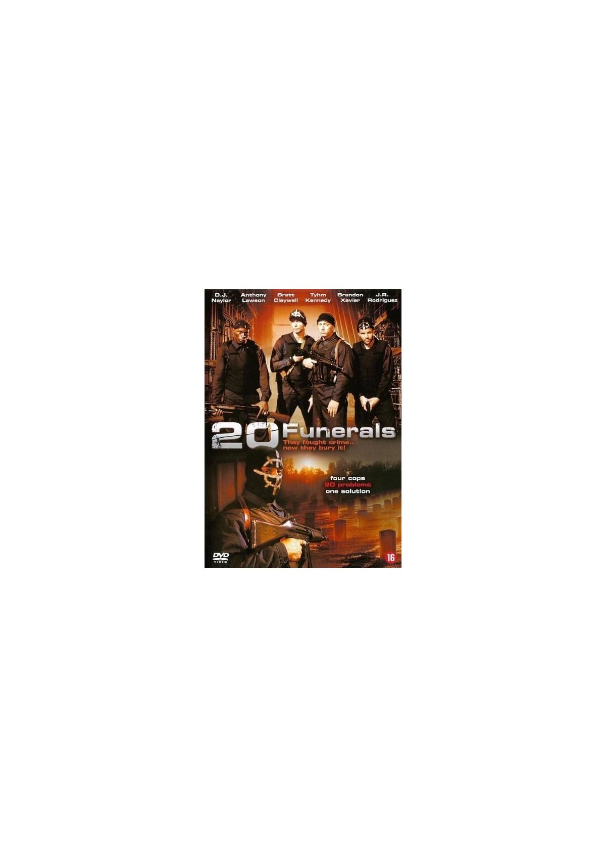 Couverture du film : 20 Funérailles. Quatre hommes en costumes noirs et le titre en bas.