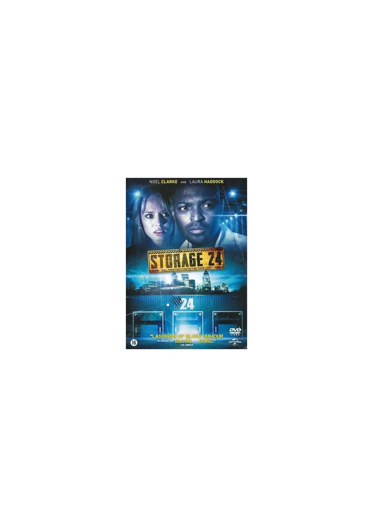 Couverture DVD de 'Storage 24'. Deux personnes regardent en haut. Le titre est en gras. Une ville est en arrière-plan.