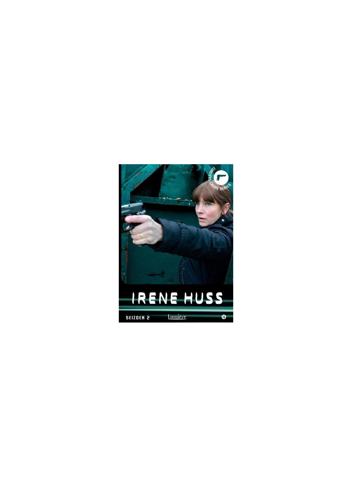 Couverture DVD avec une femme tenant une arme, titre : Irene Huss, avec un fond bleu.