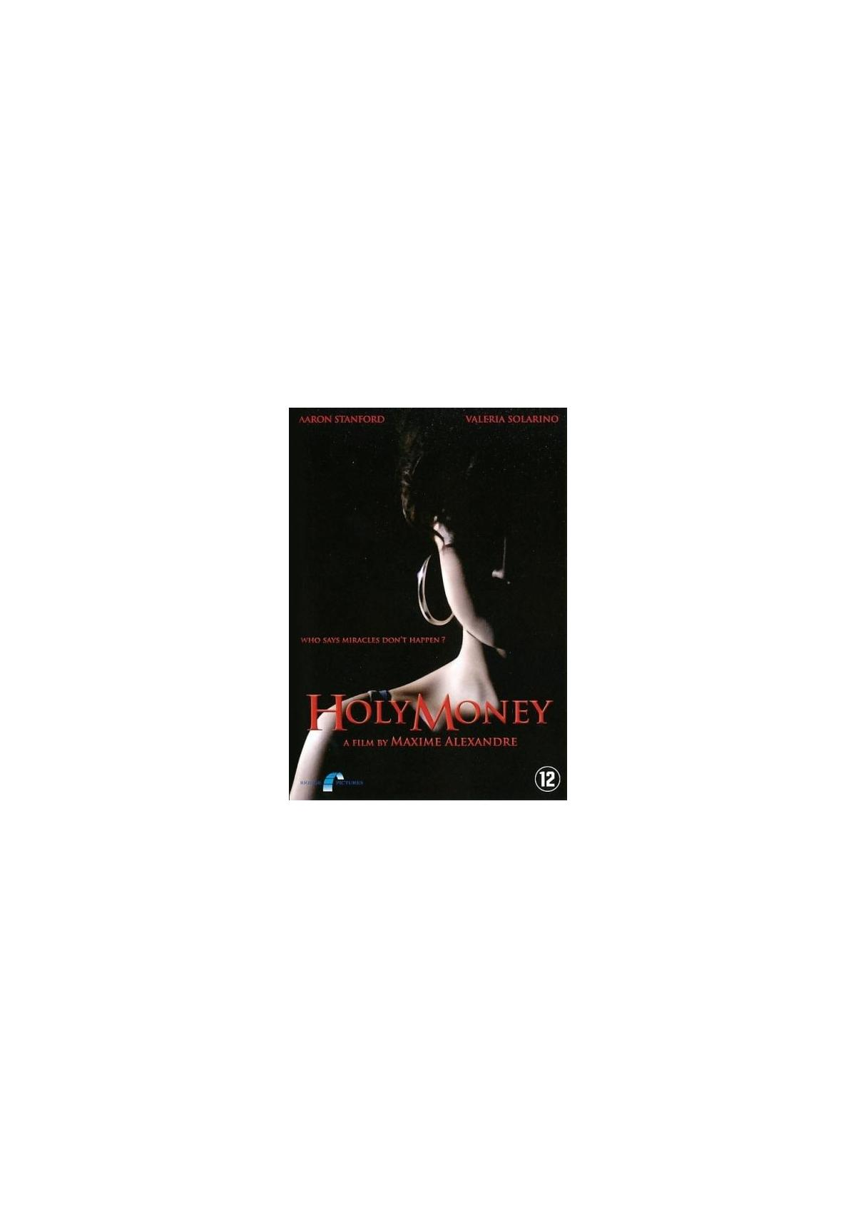 Couverture DVD de Holy Money. La silhouette d'une femme est sur la couverture avec une classification 12.