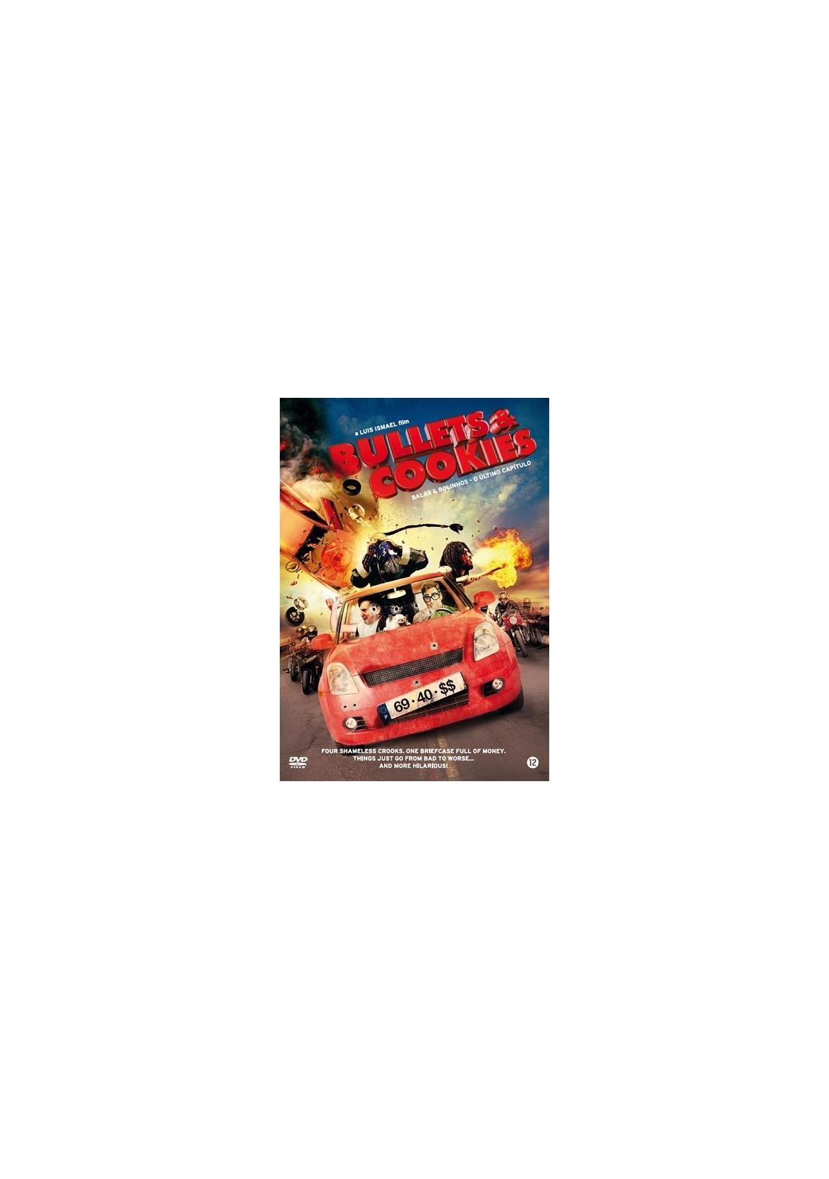DVD-hoes met een ontploffende rode auto, titel: Bullets & Cookies, in cartoonstijl.