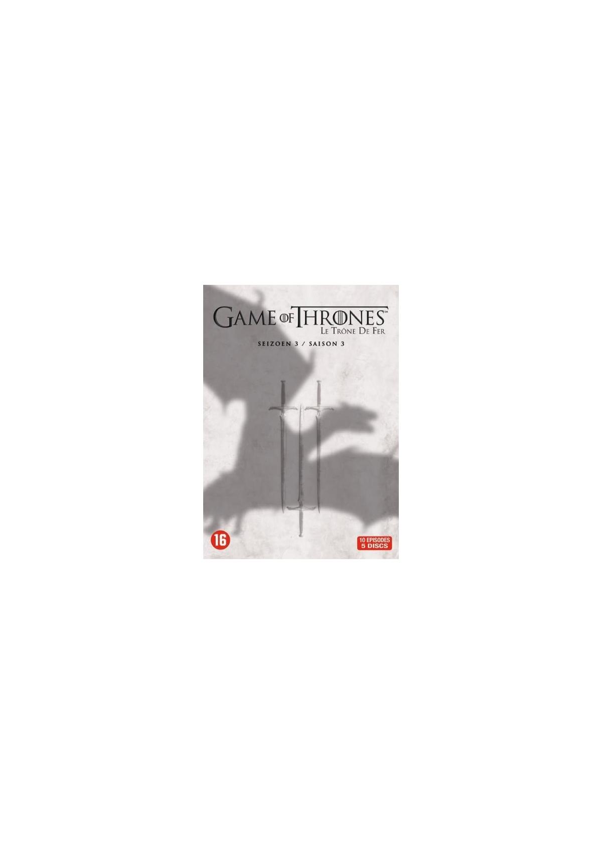 DVD-hoes voor "Game of Thrones". Een schaduw van een draak over drie zwaarden. De titel staat bovenaan.