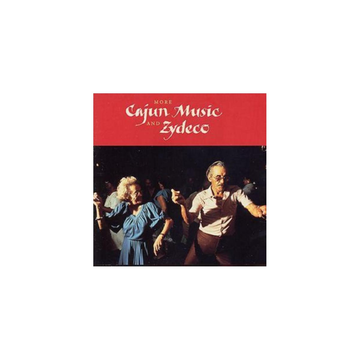 Couverture de CD : Deux personnes dansant, titre 'Cajun Music And Zydeco', fond rouge.