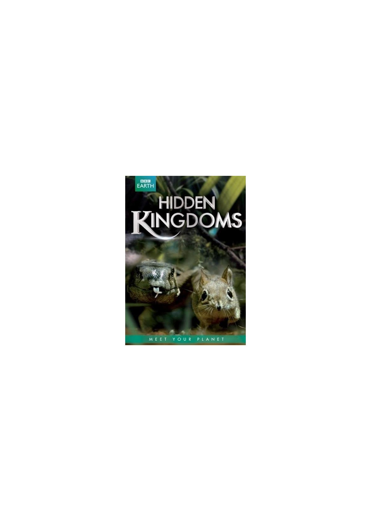 Een boekomslag met de titel 'Hidden Kingdoms', met een hagedis en een eekhoorn.