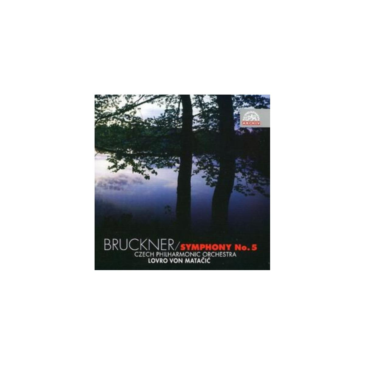 Albumhoes van 'Symphony No. 5' van Bruckner. Landschap met bomen en meer. Donkere kleuren.
