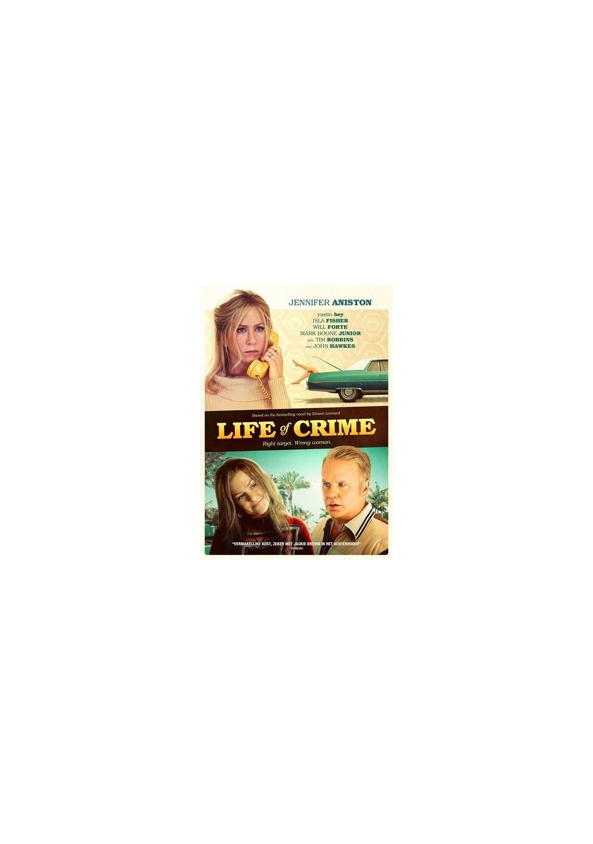 Affiche de film avec Jennifer Aniston et une voiture. Texte 'Life of Crime' sur l'affiche.