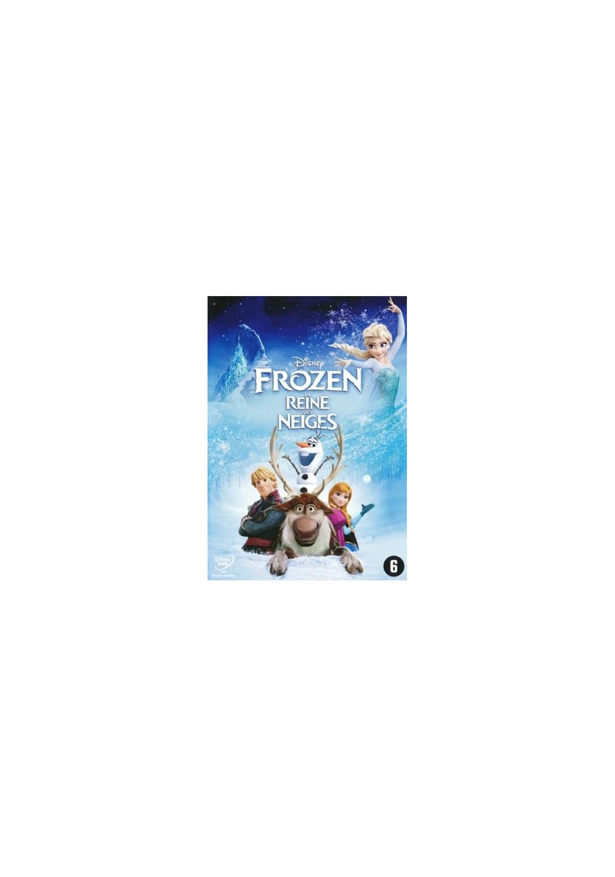 Frozen DVD-hoes. Personages uit de film worden getoond, met een besneeuwde achtergrond en de titel.