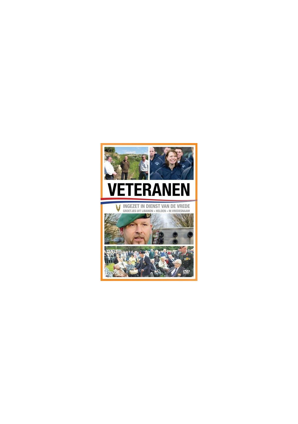Filmposter: Een collage van afbeeldingen met mensen. Titel: VETERANEN. Tekst in het wit.