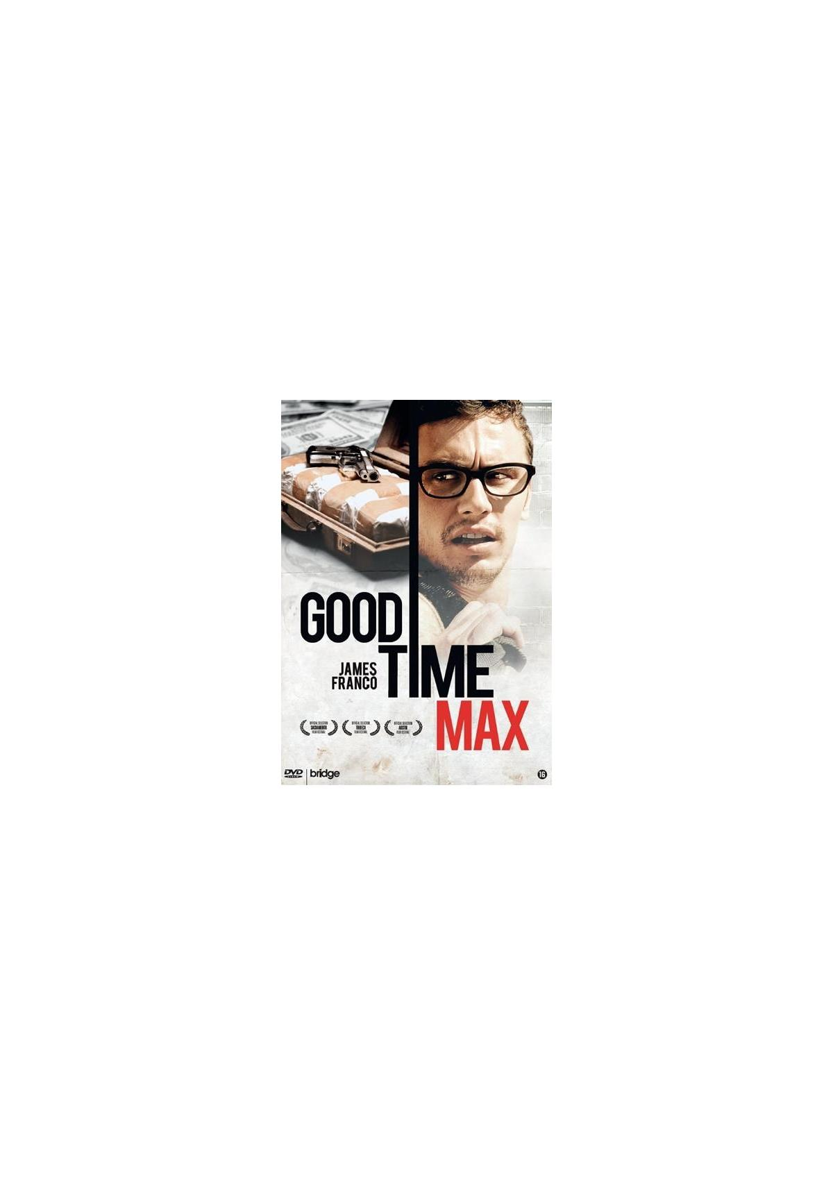 Filmposter: Good Time Max. James Franco met bril, houdt een aktetas vast, tekst overlay en een rode MAX.