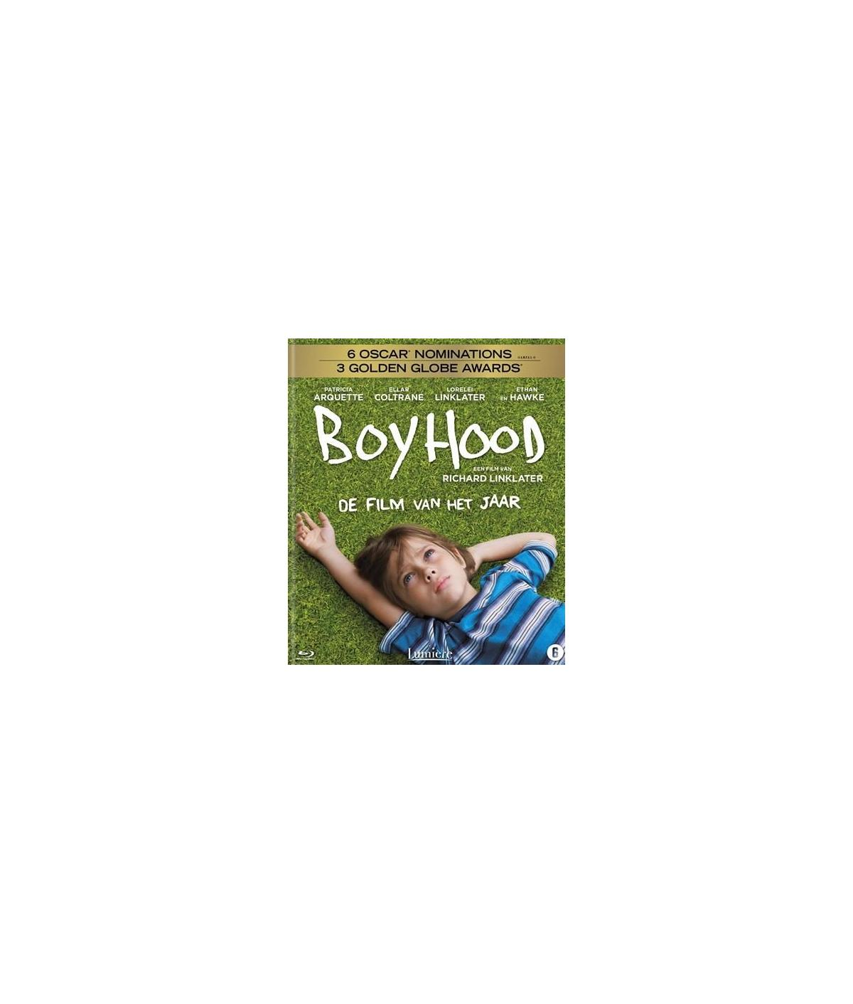 Affiche de film. Garçon allongé sur l'herbe, regardant en haut. Titre : Boyhood. Prix en haut.