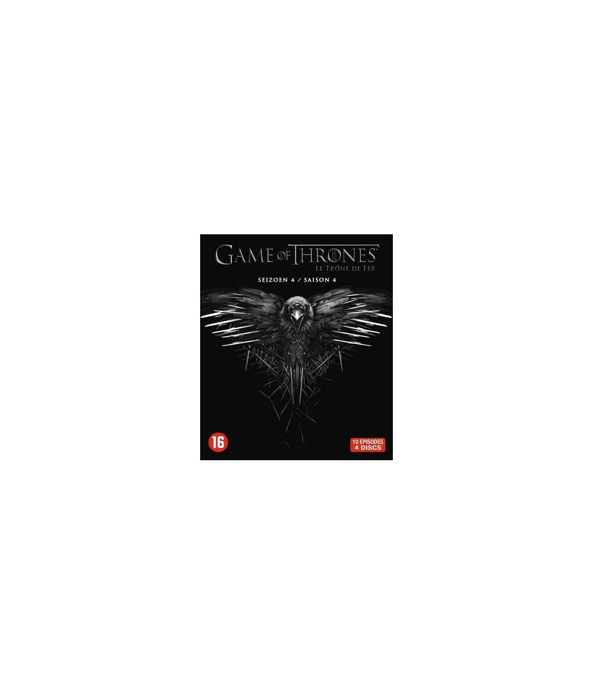 Couverture de DVD de Game of Thrones avec un oiseau noir et un motif de couronne sur fond noir.
