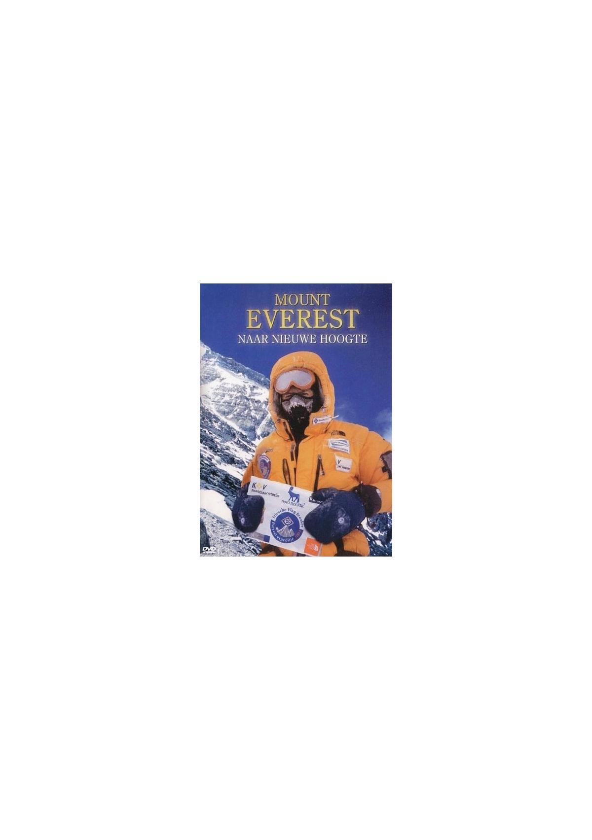 Couverture DVD de 'Mount Everest: naar nieuwe hoogte'. Homme en combinaison jaune. Montagne enneigée en arrière-plan.