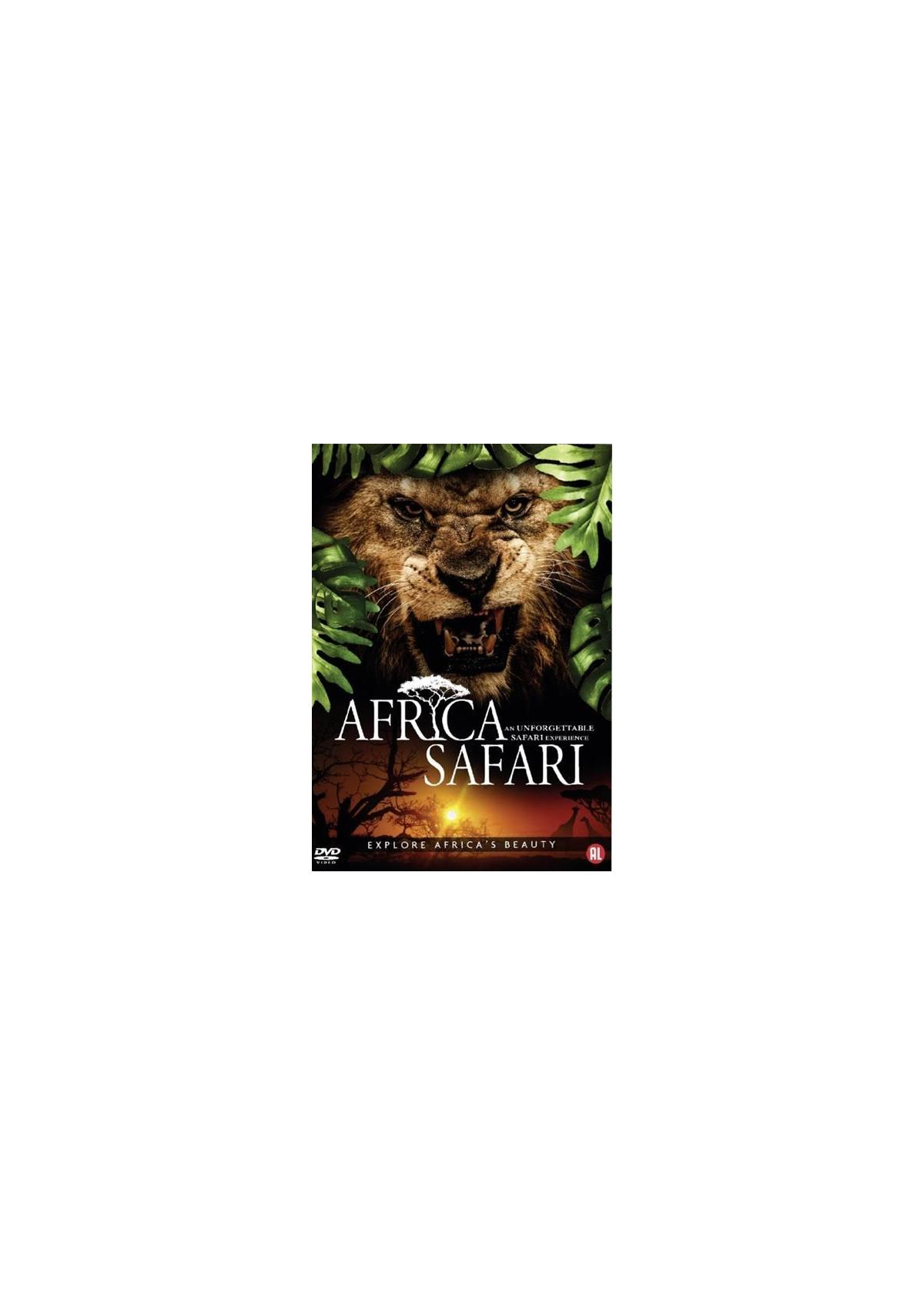 Couverture DVD de 'Africa Safari'. Tête de lion au centre. Feuilles de jungle l'entourent. Couleurs sombres.