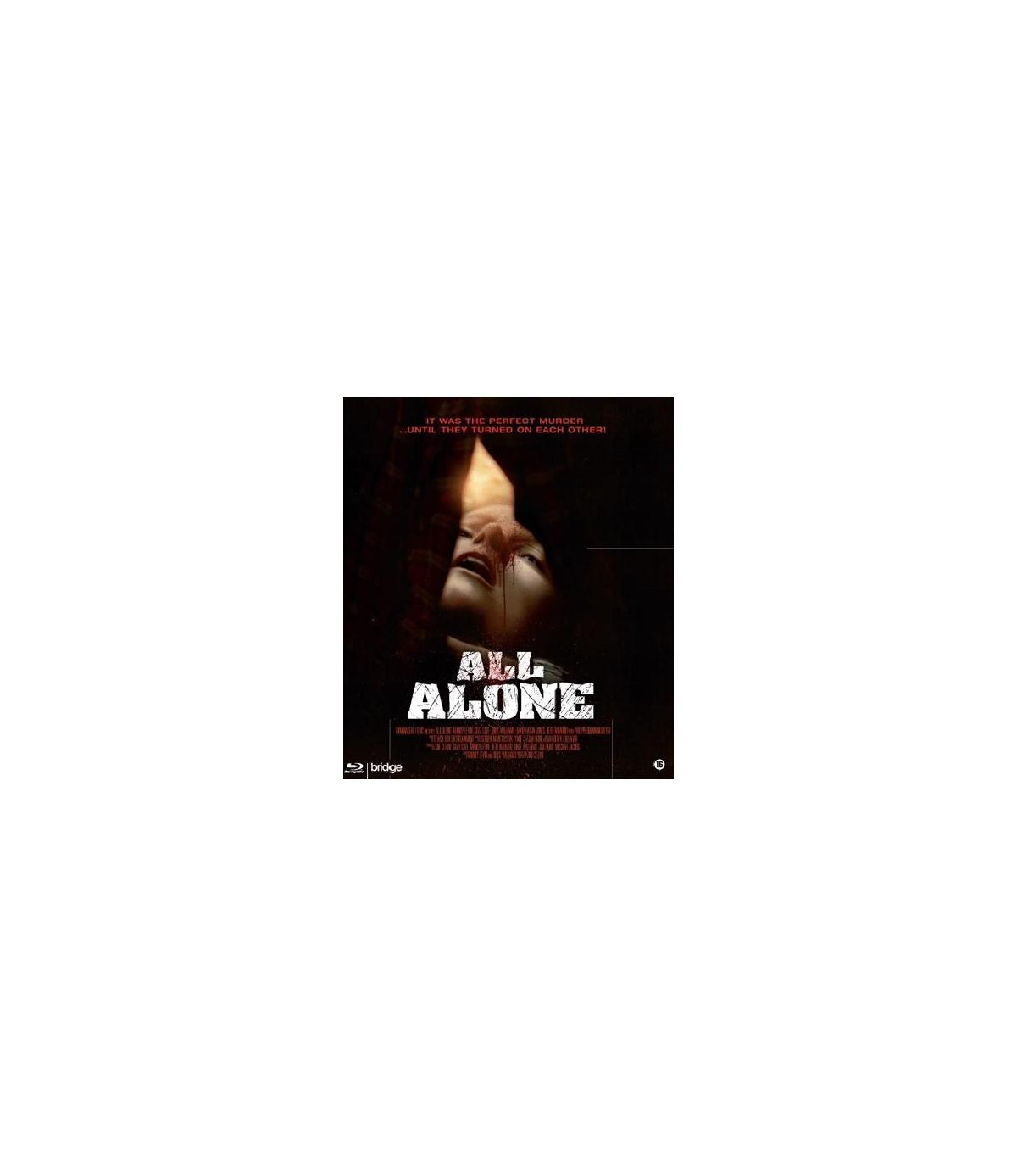 Affiche de film : visage pâle, fond sombre, titre 'All Alone'.