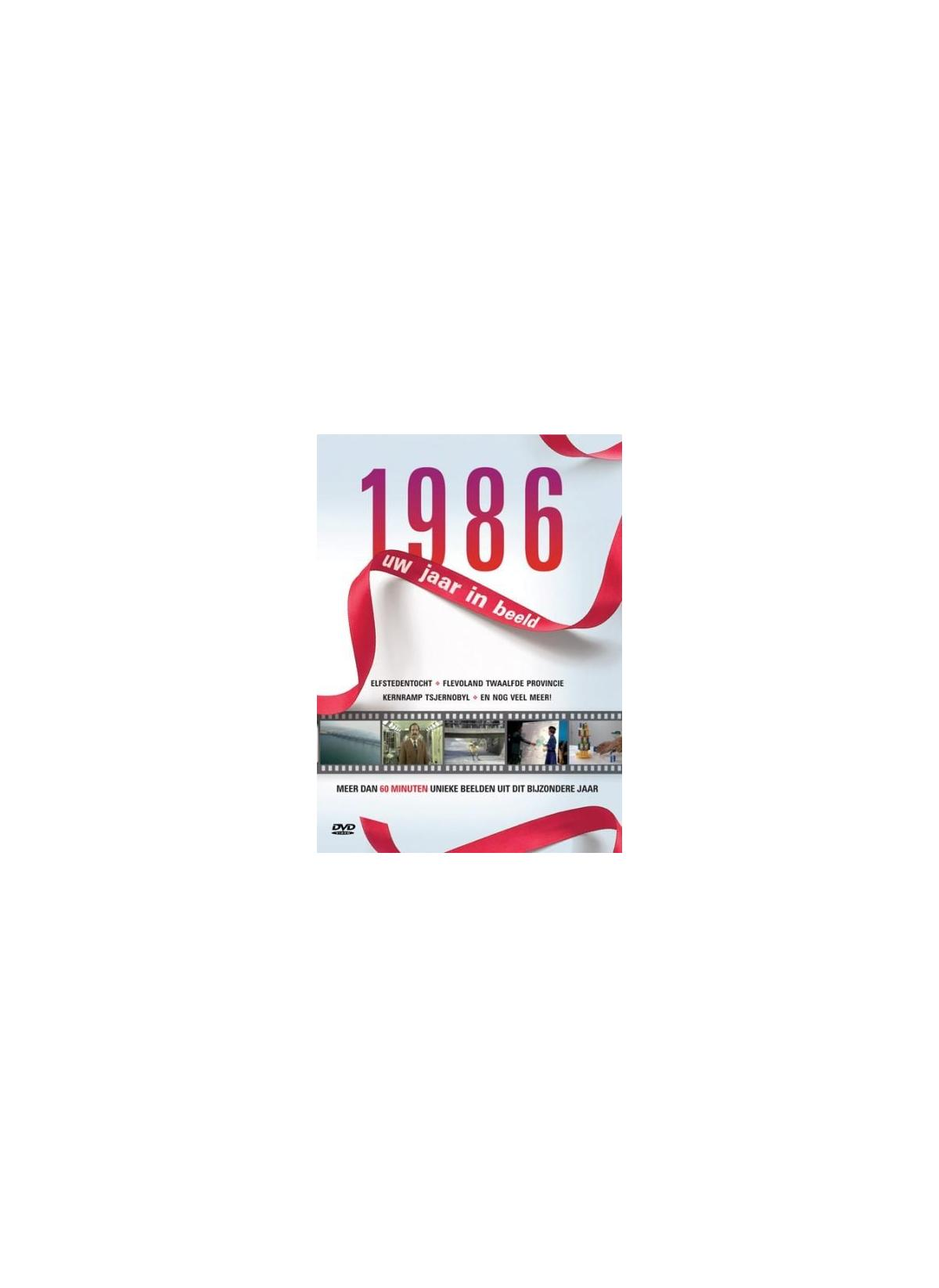 Couverture de DVD avec un ruban rouge et le numéro 1986. Texte : Uw jaar in beeld.
