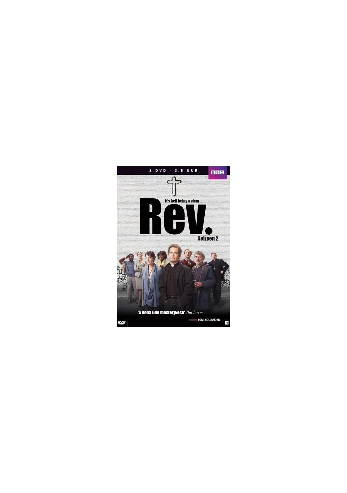 Jaquette DVD : Rév. Saison 2. Groupe de personnes devant un mur de briques. Personnage principal au centre. Logo de la BBC en haut à droite.