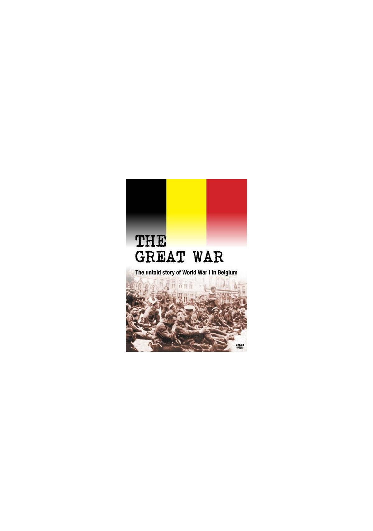 DVD-hoes: The Great War, met een Belgische vlag en een sepia-getinte afbeelding van soldaten.