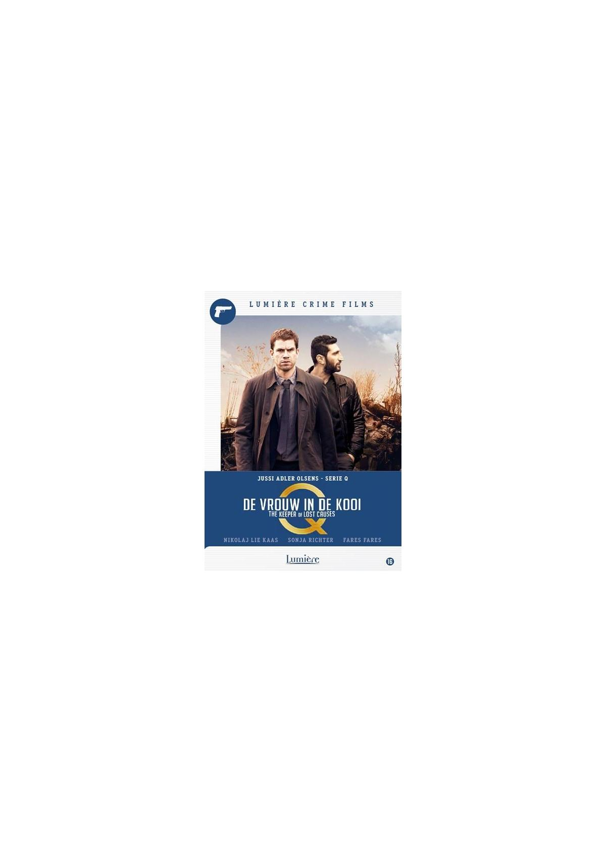 DVD-hoes met twee mannen in pakken, titel 'De Vrouw in de Kooi' en een pistoollogo.