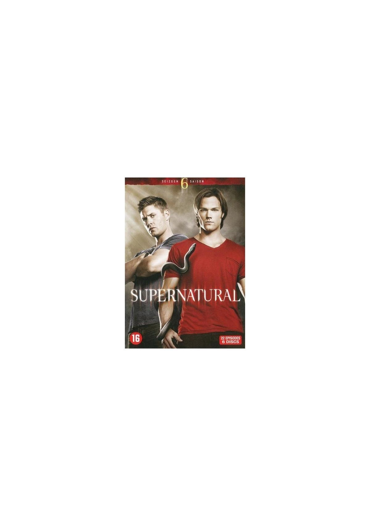 DVD-hoes. Twee mannen staan. Titel: Supernatural Seizoen 6.