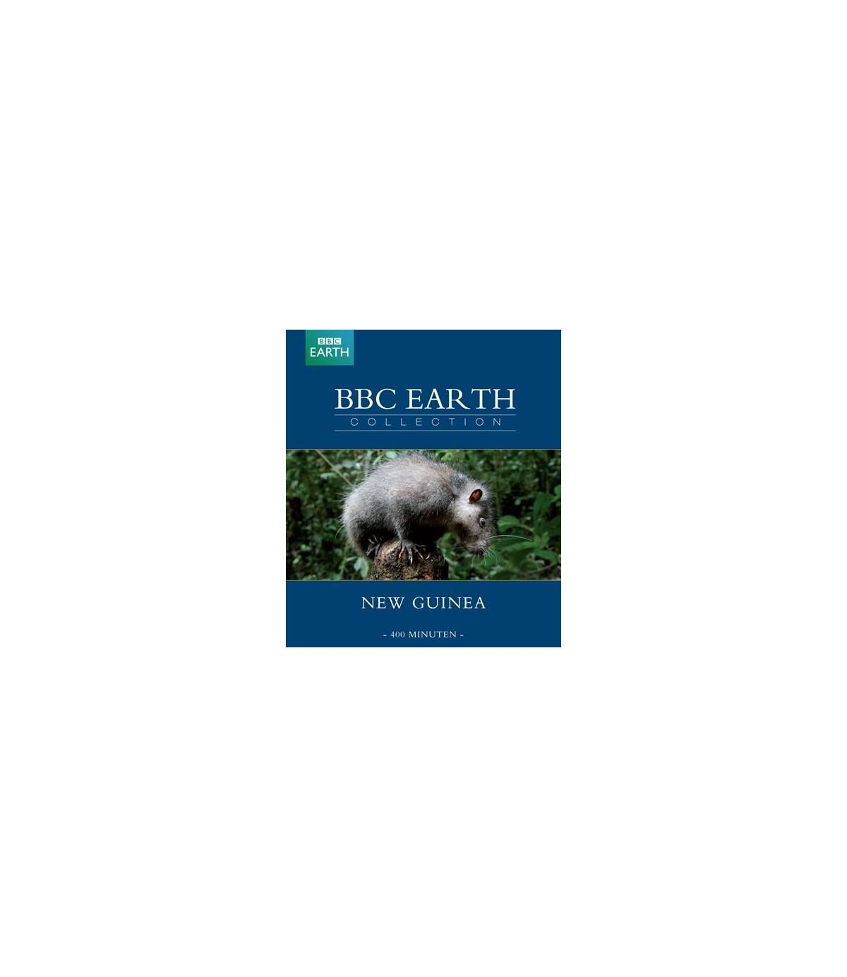 BBC Earth DVD-hoes: Een grijs dier, mogelijk een knaagdier, op een boomstronk. Tekst: New Guinea.