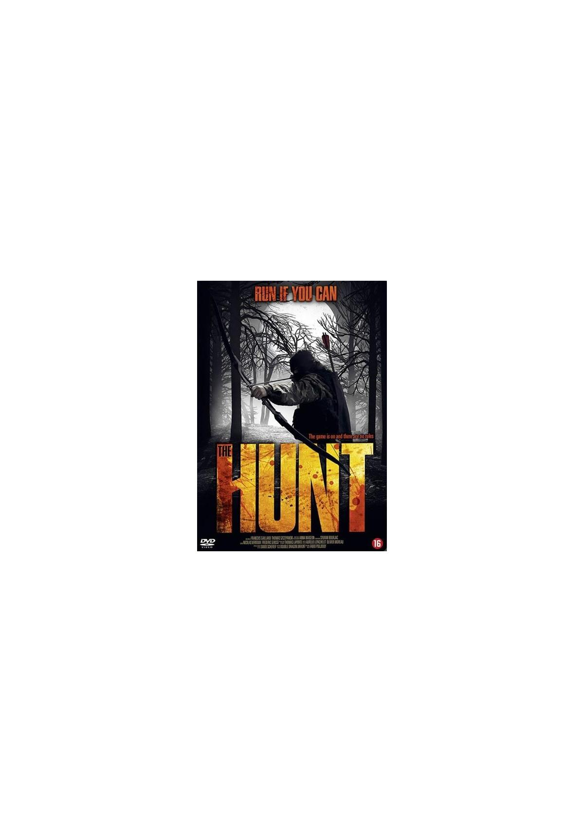 Filmposter: Man met boog in bos, titel 'The Hunt' in oranje, slogan 'Run if you can'.