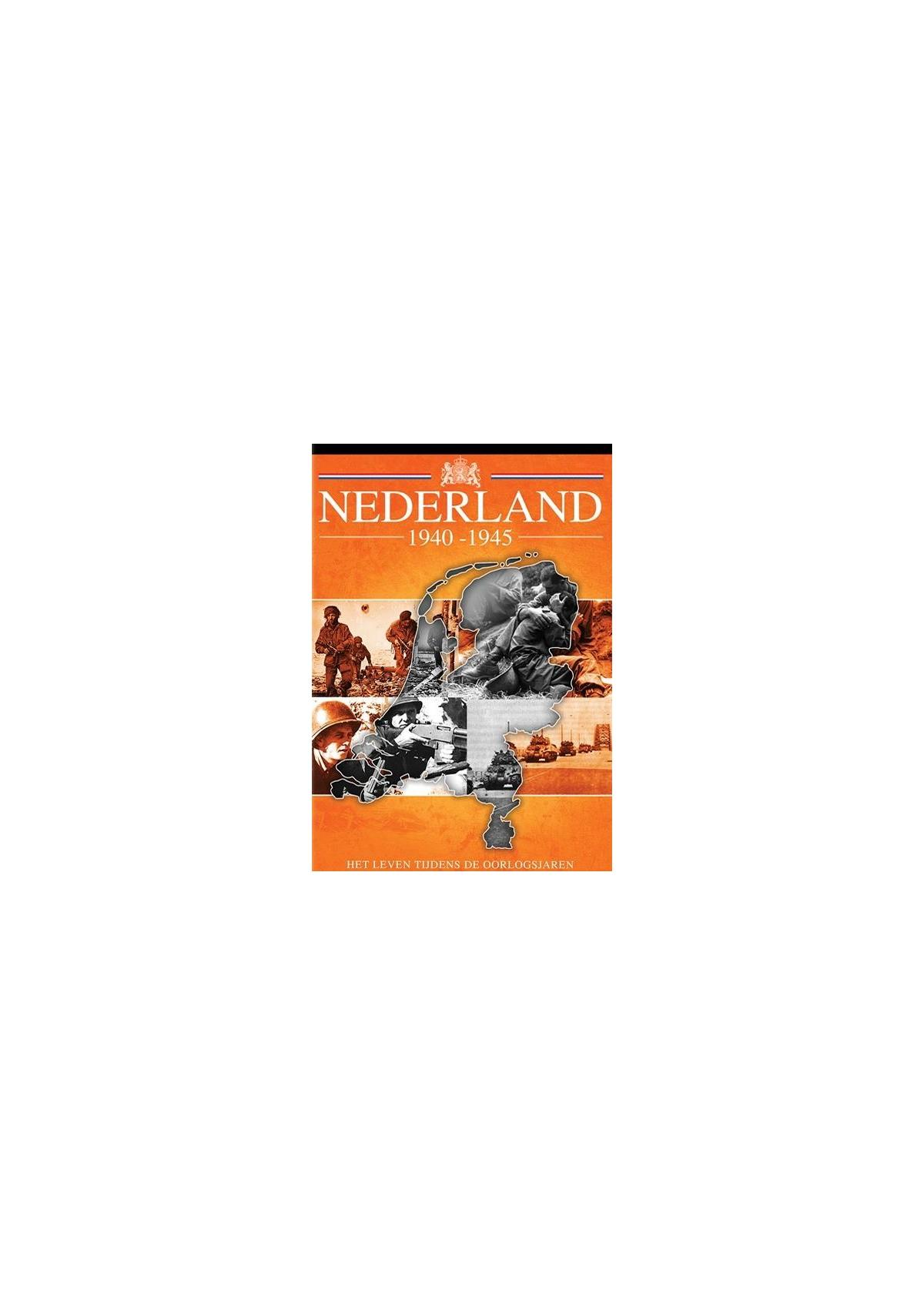 Boekomslag 'Nederland', een kaartafbeelding en mensen op de achtergrond.