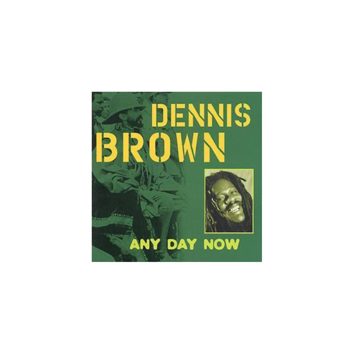 Pochette d'album. Dennis Brown, fond vert, texte jaune, photo de Brown. 'Any Day Now'.