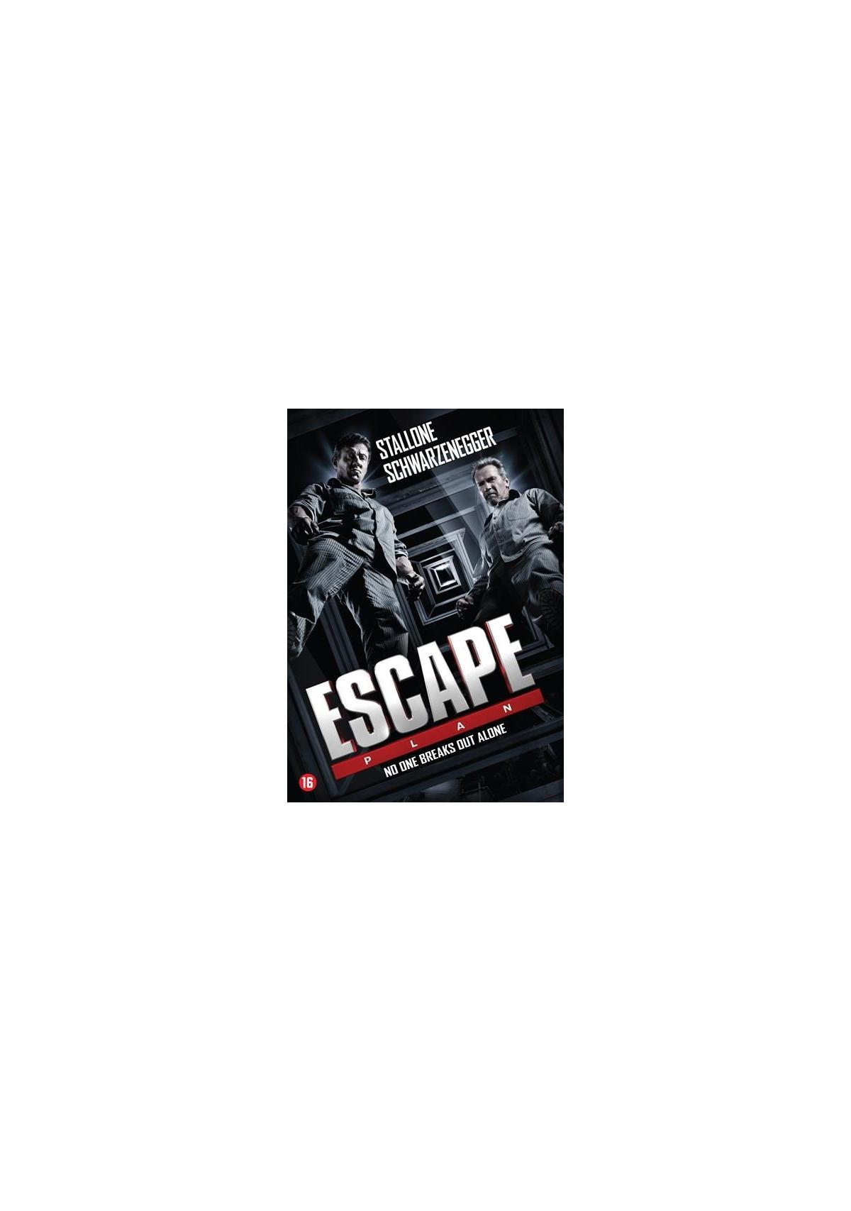 Escape Plan DVD-hoes. Stallone en Schwarzenegger kijken naar beneden met een grafische achtergrond.