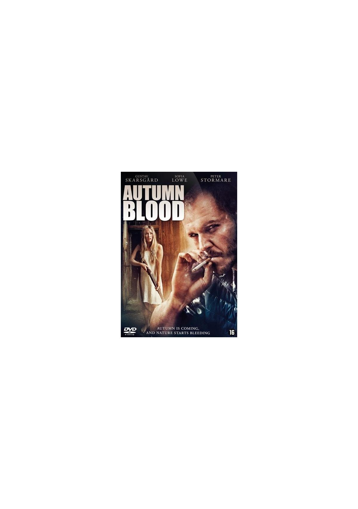Couverture du film : un homme fumant un cigare, une femme tenant une arme, titre 'Autumn Blood'.