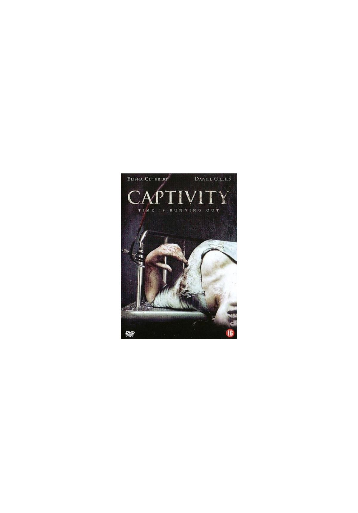 DVD-hoes, vrouw vastgebonden aan stoel, titel: Captivity.