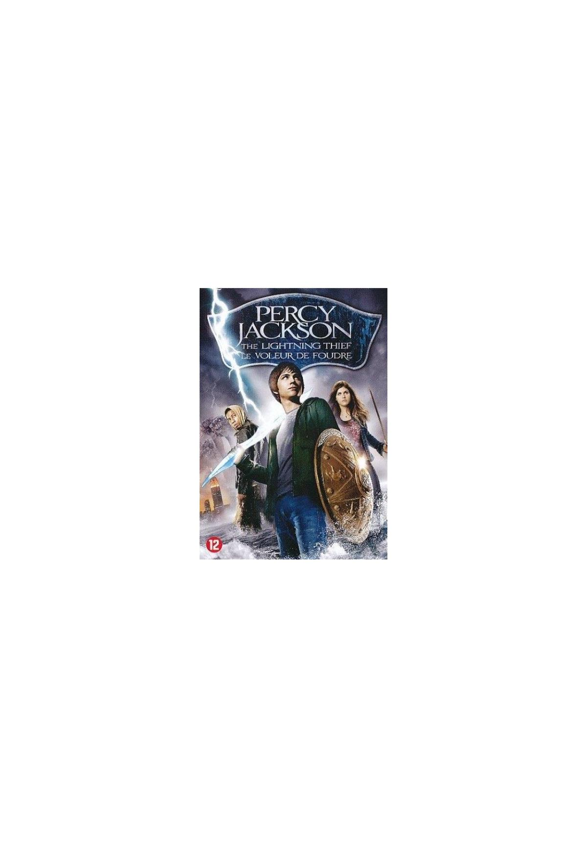 Affiche du film Percy Jackson et le voleur de foudre. Trois personnes avec des armes. Tonnerre et éclairs.