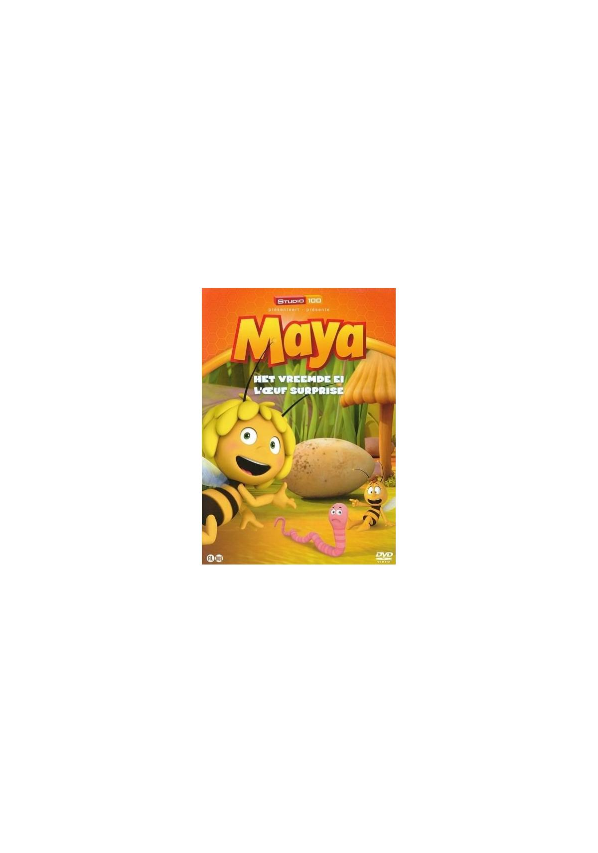 Couverture de DVD du dessin animé Maya l'Abeille. Maya et un ver face à un œuf. Texte en néerlandais.