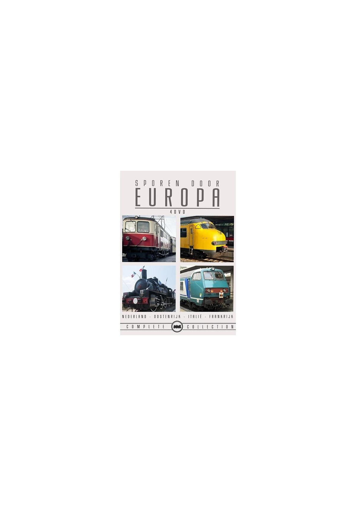 DVD-hoes: Vier afbeeldingen van treinen. De titel is 'Sporen Door Europa'. Het woord 'Europa' staat in grote letters.