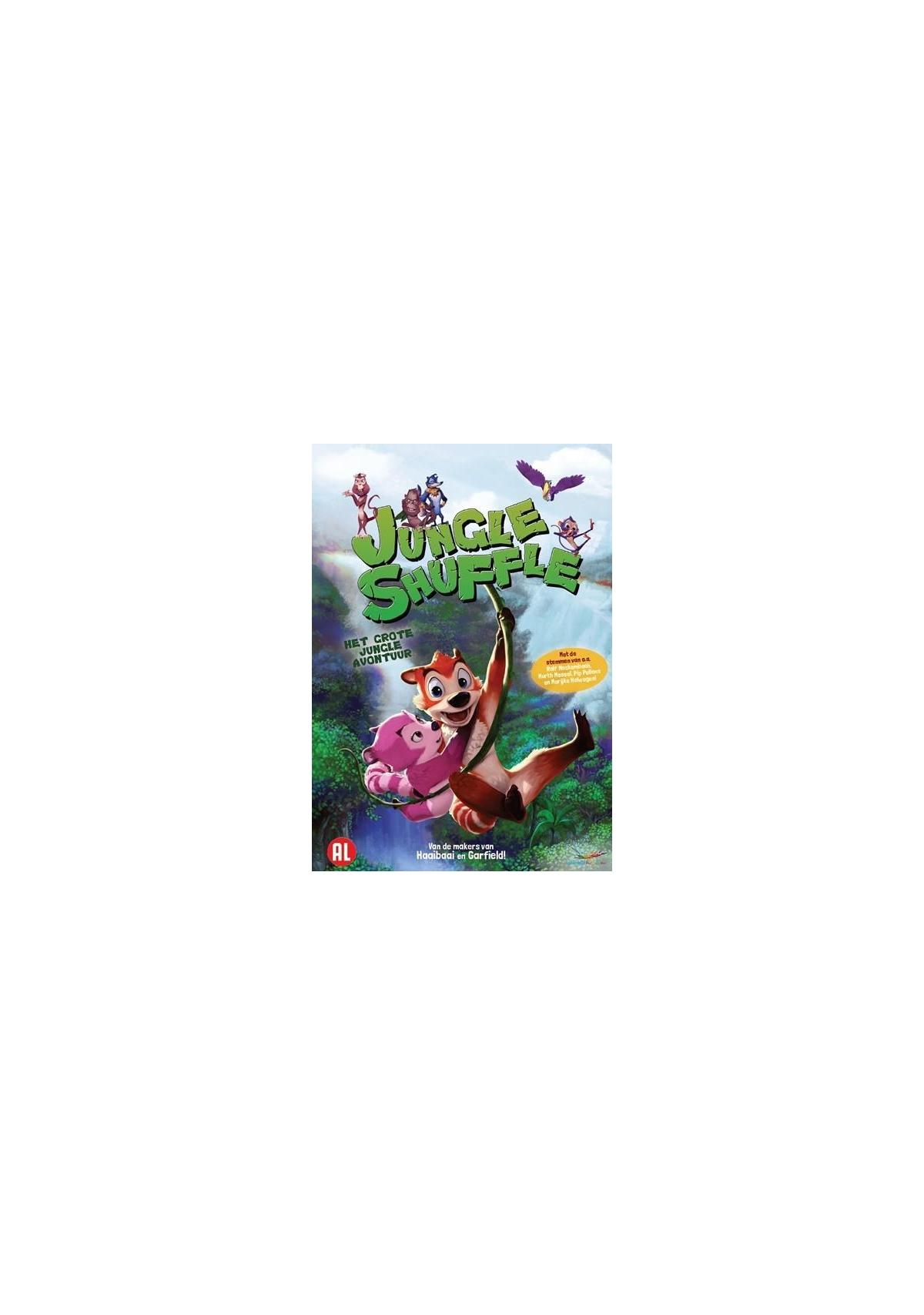 Couverture DVD de Jungle Shuffle. Un chipmunk et un cochon se balancent. D'autres animaux dans le ciel.