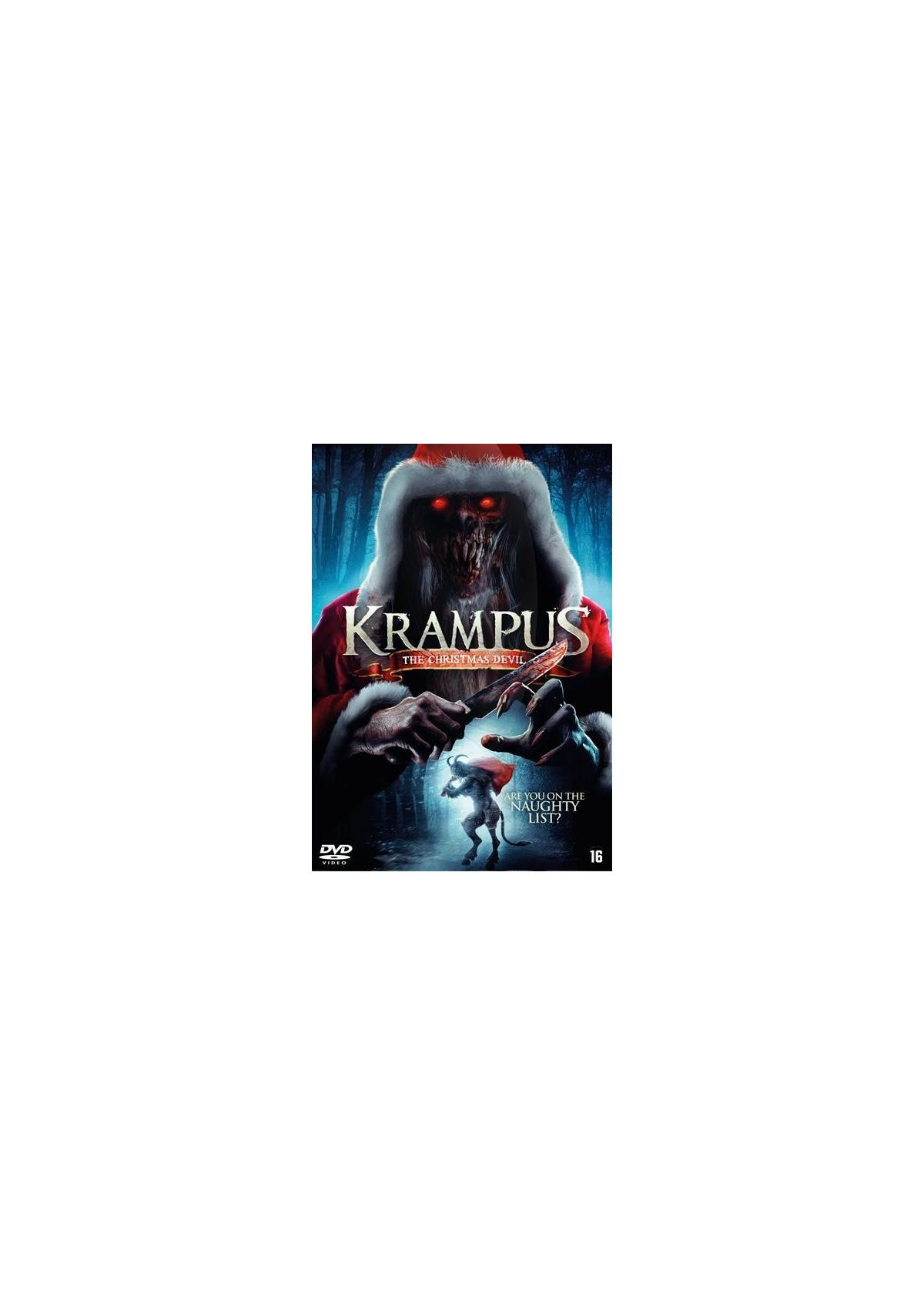 Filmposter: Krampus, de kerstdemon. Figuur in rode jas met mes en kind. Donkere bosachtergrond.