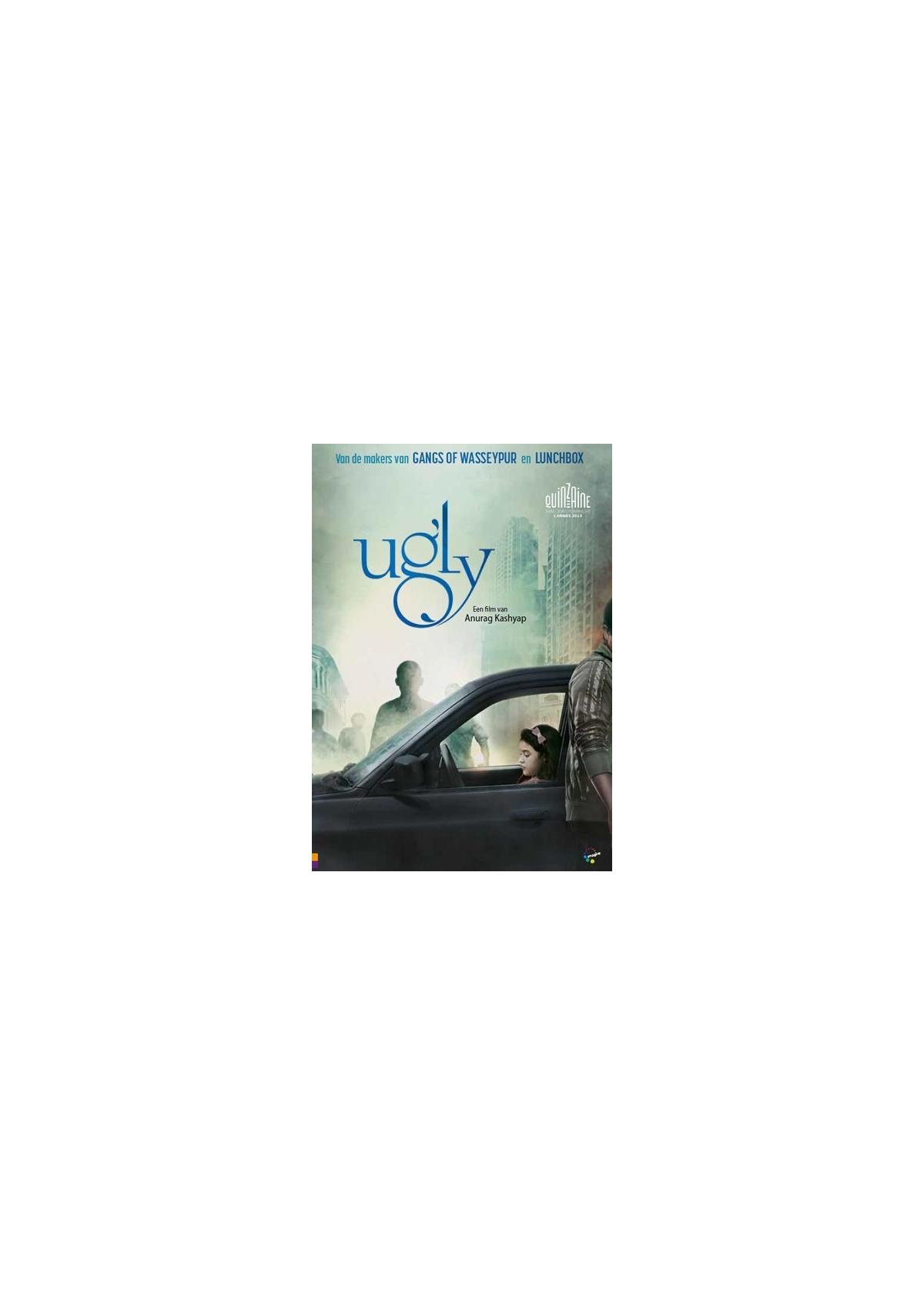 Couverture DVD : Ugly, avec une voiture avec une femme à l'intérieur et un paysage urbain en arrière-plan.