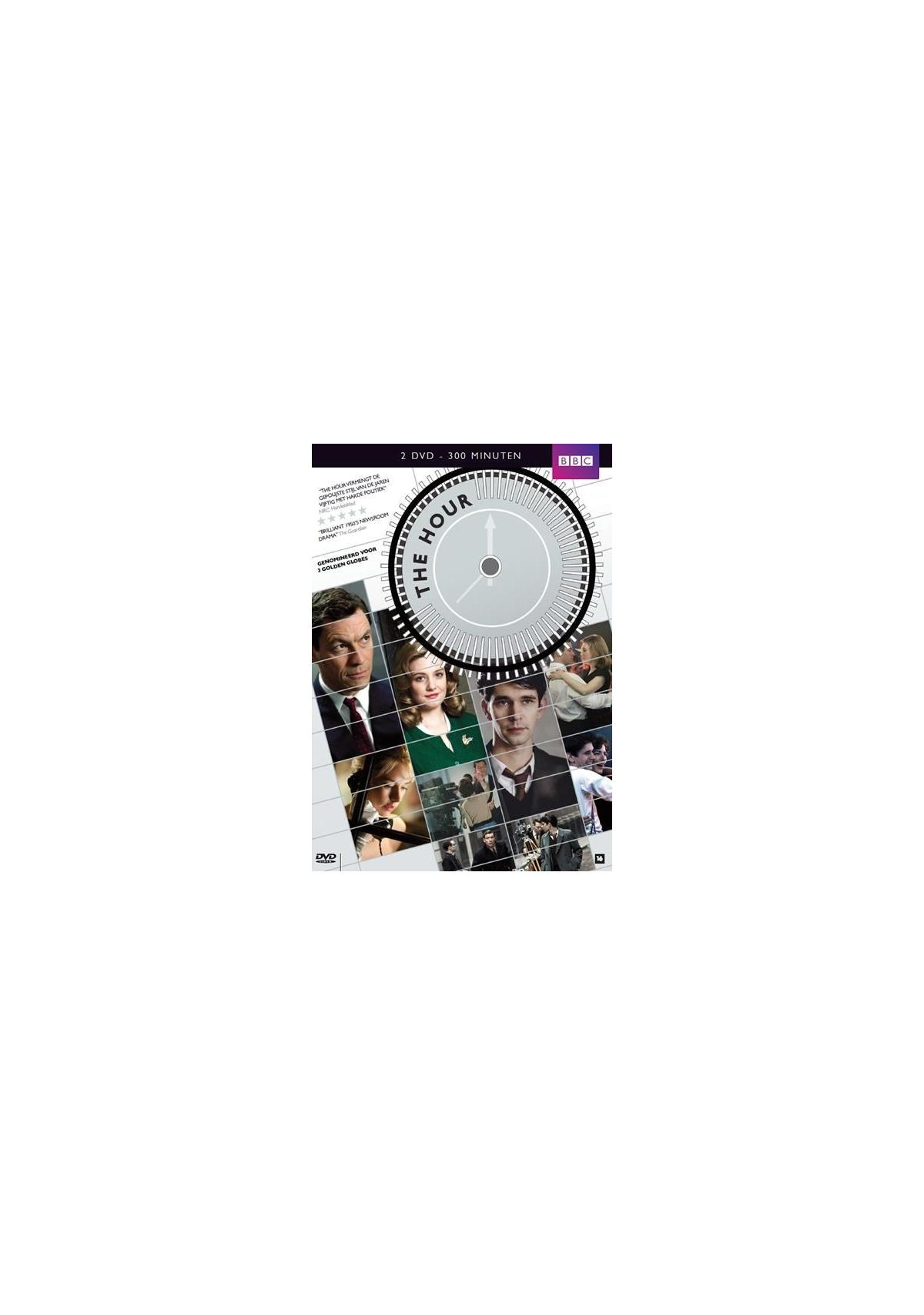 Affiche du film The Hour. Collage d'acteurs avec une horloge au milieu. Fond blanc et gris.