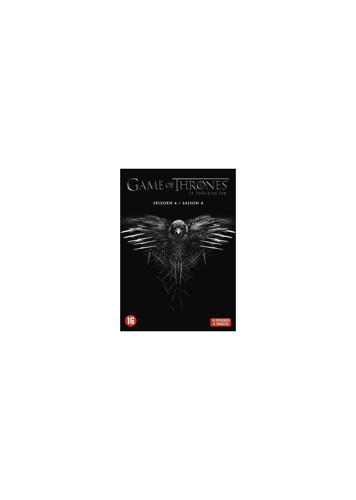 DVD-hoes: Game of Thrones, Seizoen 4. Een zwarte raaf met gespreide vleugels op een donkere achtergrond.