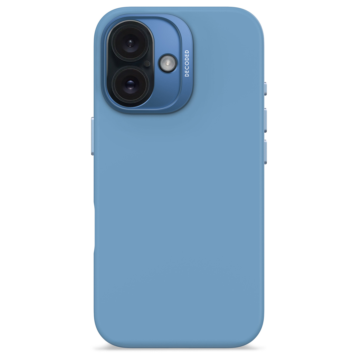 Een lichtblauwe telefoonhoes met een camera-gedeelte en het Decoded-logo.