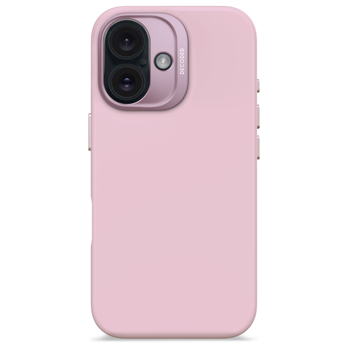 Roze telefoonhoesje met camerabult. 'DECODED' staat erop.