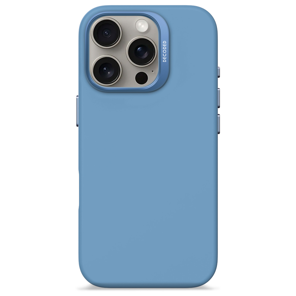 Blauwe iPhone-hoes. Het heeft een blauwe behuizing met een lichtblauwe cameraring.